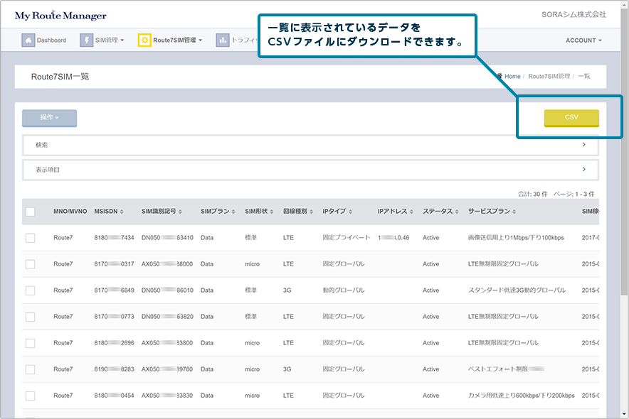 ご利用中のRoute7SIM一覧