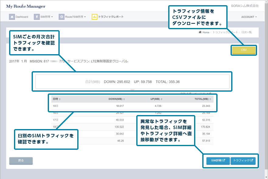 SIM単位での日次トラフィック一覧